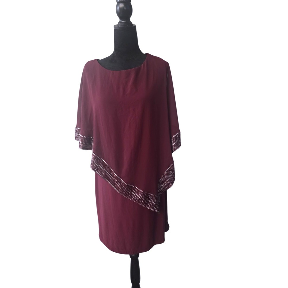 SLNY Womens‎ Metallic Trim Burgundy Capelet Sheath Dress Beaded Size 14